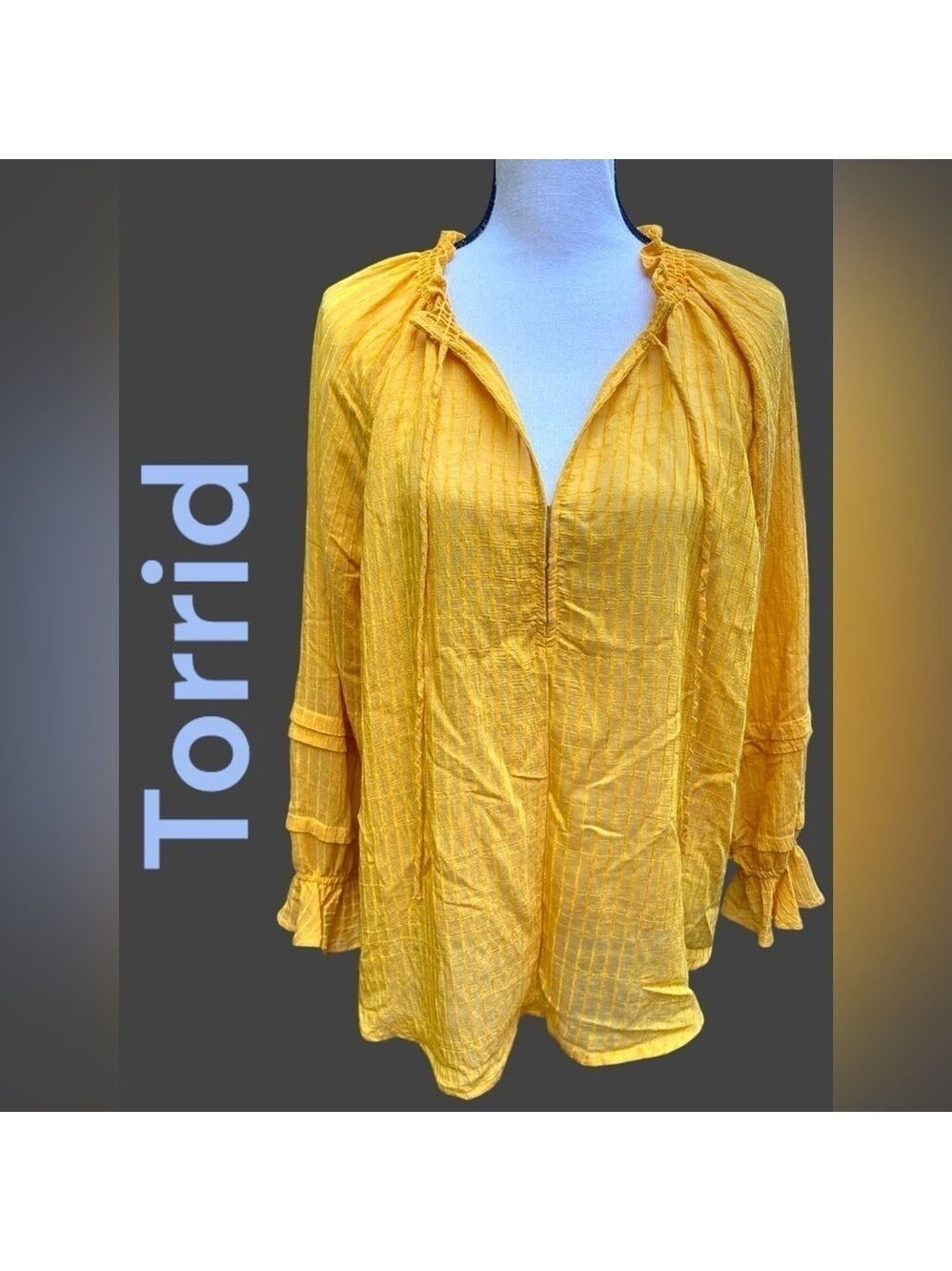 Torrid-NWT MED/LARGE, STRIPE GAUZE LACE-UP PEASANT TOP MINERAL YELLOW. New w/tag